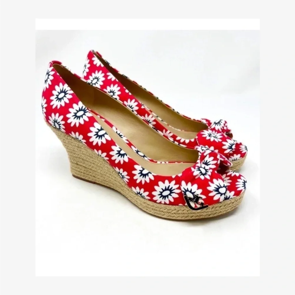 Tory Burch Dory Espadrille Wedge Red Floral Peep Toe Bow 6.5